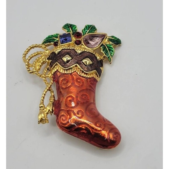 Christopher Radko Christmas Stocking Enamel Gold Tone Brooch Pin - Picture 2 of 7